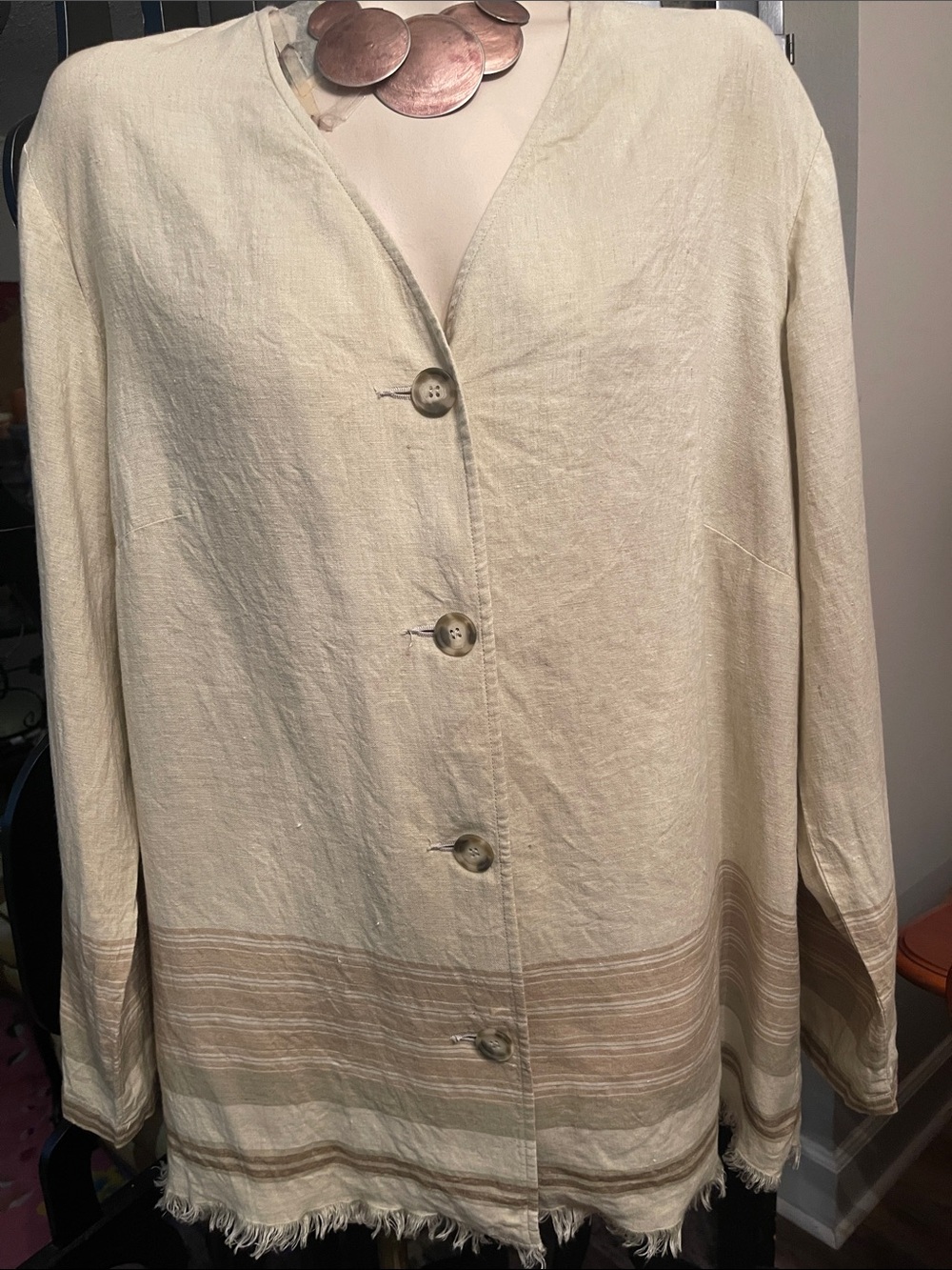 Liz Claiborne Cream Button-Front Tunic with Striped Hem